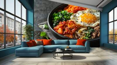 Bibimbap, a well-known traditional Korean cuisine that consists of a bowl of rice topped with a variety of vegetables, fried egg yolk presented with a side dish and copy space, Generative AI. Wall mural